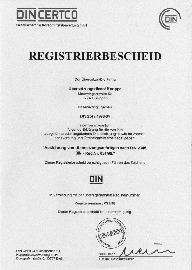Registrierungsbescheid DIN CERTCO